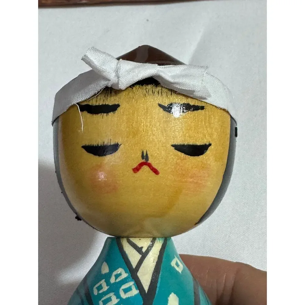 Vintage Wood Samurai Warrior Kokeshi Doll Figurine Blue Wood Stand Base
